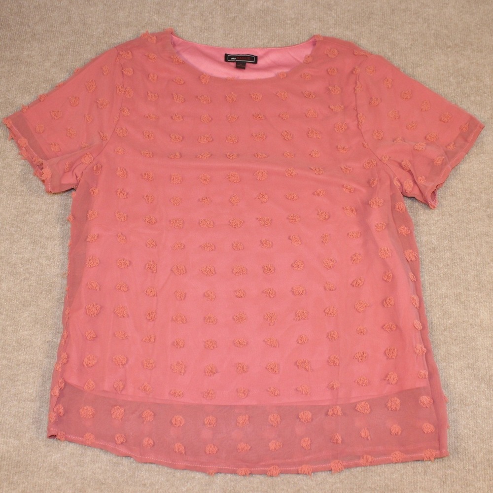 Ms Maggie Womens Swiss‎ Dot Blouse Coral Pink Short Sleeve Sheer Overlay Small